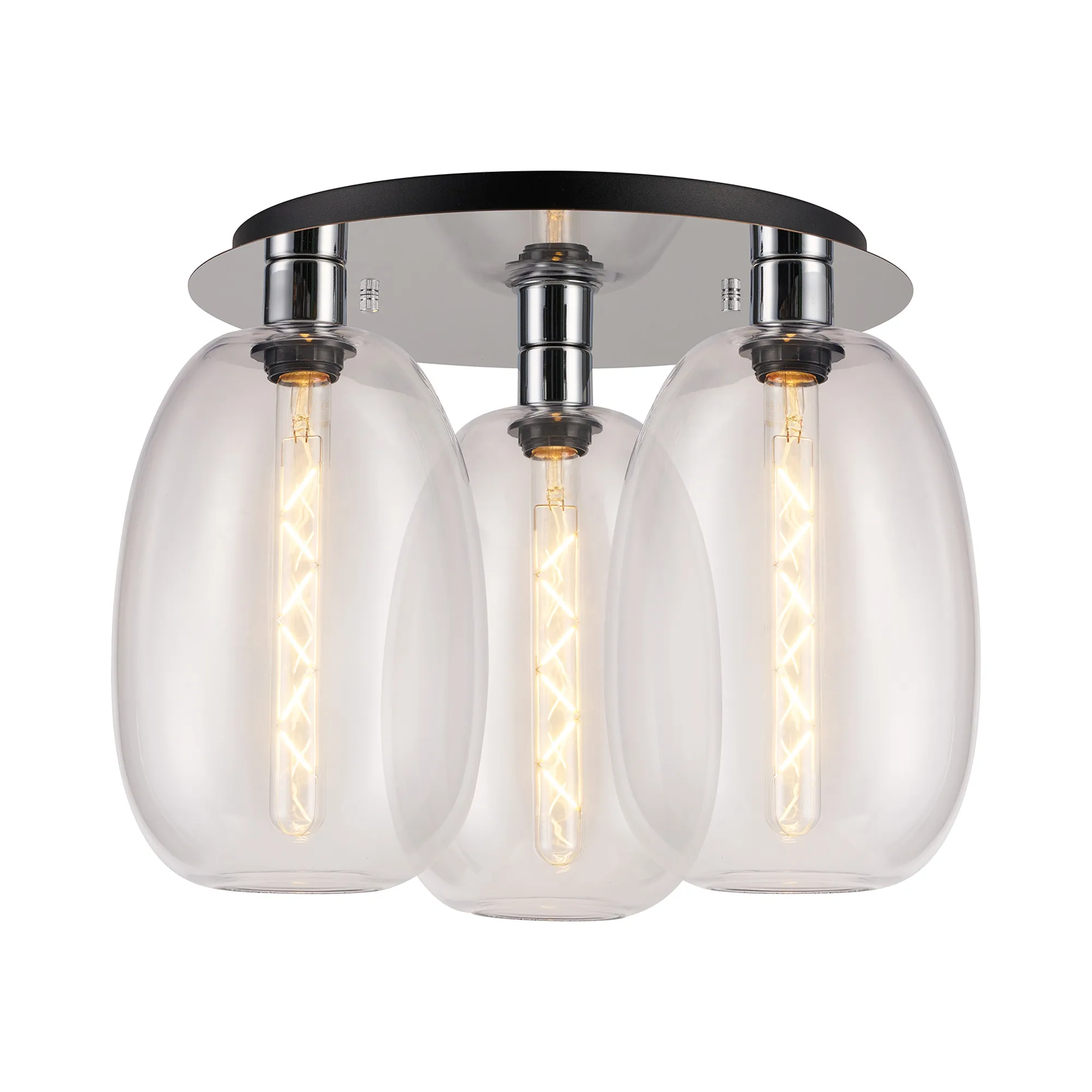 DK1342  Lori 40cm Round Ceiling Flush, 3 Light Flush Fitting, Polished Chrome/Clear Slim Curved Trapezium Shades